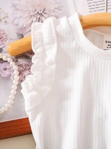 SHEIN Baby Girl 2 Pieces Ruffled Trim Sleeveless Tank And Printed Shorts Set, Summer - White - View 4