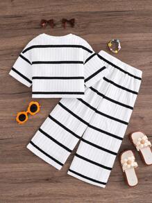 2pcs/Set Young Girl Striped Crew Neck Knit Top And Loose Fit Casual Pants Set