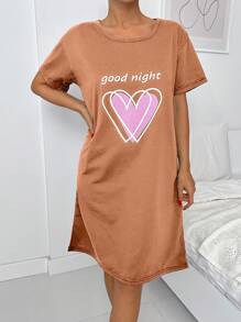 SHEIN Cottnline Áo ngủ cổ tròn tay ngắn in hình trái tim và họa tiết khẩu hiệu 100% Cotton - Màu Hồng  San hô - Xem 3