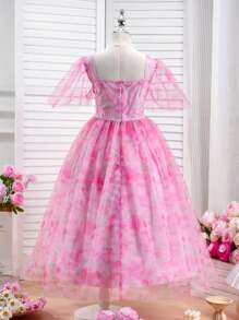 SHEIN Glamorique Kids 青少年女孩花卉印花优雅夏装，青少年甜美礼服 - 粉色 - 查看 2