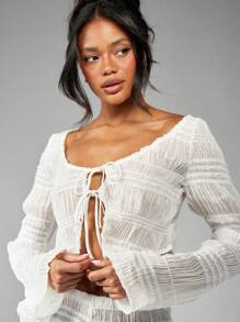 MISSGUIDED Textured Ruched Two Piece Set Drawstring Crop Top High Waist Shorts Festival Beach Party Summer Lounge Wear Coordinated Outfit - White - View 5
