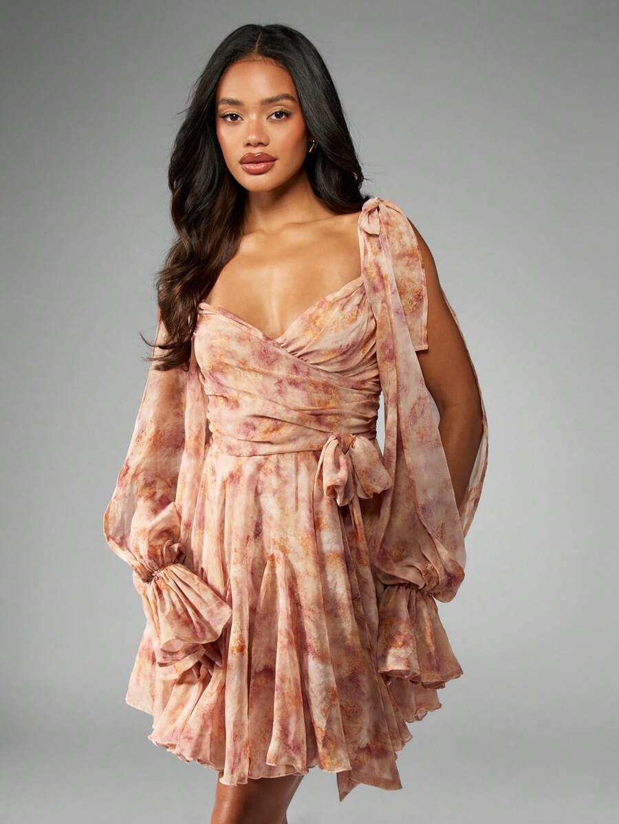 MISSGUIDED Flowy Chiffon Wrap Mini Dress With Split SleeveMISSGUIDED