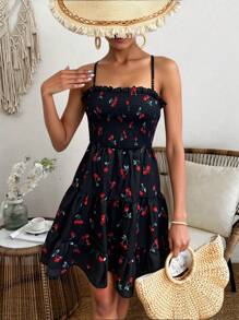 Breezaya 碎花印花荷叶边下摆吊带连衣裙，带褶饰细节，度假海滩装女士 - 黑色 - 查看 6