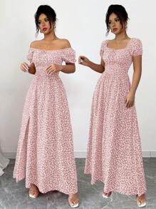 Rafferiza Đầm hở lưng họa tiết hoa nhỏ thanh lịch cho kỳ nghỉ của phụ nữ, váy maxi dài tay bo gấu, dáng chữ A, thường ngày, ngày lễ, ngày lễ tình nhân, nhiều kiểu dáng, mới về mùa xuân/hè, váy tốt nghiệp mùa xuân, trang phục đi biển cho phụ nữ, váy maxi dài xẻ tà, váy xòe - Bụi hồng - Xem 4