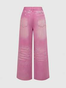ROMWE Grunge Punk Quần Jeans Ống Rộng Đính Đá Pha Lê Phong Cách Y2K Cho Nữ - Hồng - Xem 1