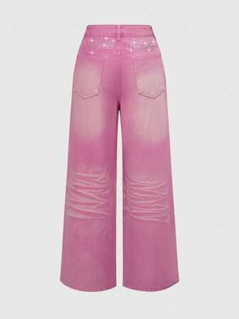 Grunge Punk Jeans holgados de pierna ancha para mujer con adornos de pedrería y efecto desgastado estilo Y2K
