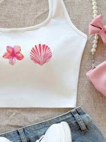 Veykashi Plus Size Women Casual Pink Starfish Shell Floral Pattern Backless Camisole Top, Suitable For Summer