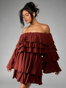 MISSGUIDED Vestido de patinadora mini con mangas largas de hombros descubiertos y volantes en capas para invitada de boda, ocasiones especiales, otoño, invierno, declaración, fiesta, vacaciones - Marrón - Ver 5