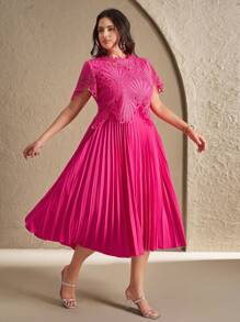 Chikora Plus Size Elegant And Romantic Lace And Pleated Maxi Dress, Fashionable For Summer - Hot Pink - View 5