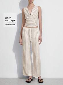 SHEIN LUNE Setelan 2 Potong Wanita: Atasan Tanpa Lengan dengan Kerah Berlipat dan Celana Kasual Linen Bergaris - Putih - View 1