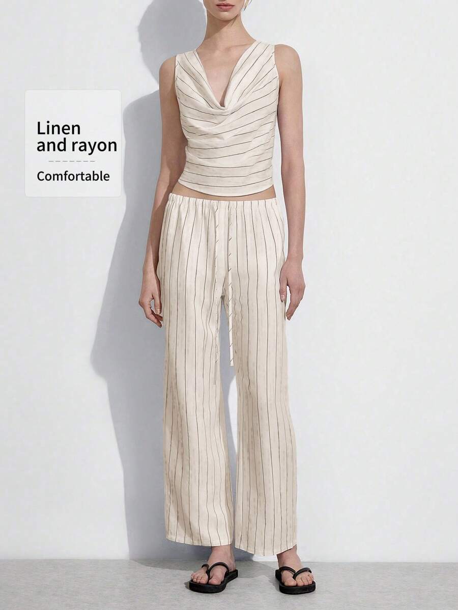 SHEIN LUNE Setelan 2 Potong Wanita: Atasan Tanpa Lengan dengan Kerah Berlipat dan Celana Kasual Linen Bergaris - Putih - View 1