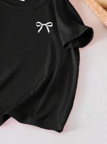 SHEIN 青少年女孩睡衣套装 - 黑色蝴蝶结上衣搭配经典黑白格纹蝴蝶结裤子，短袖长裤睡衣 - 黑色 - 查看 5