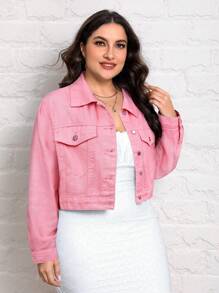 EMERY ROSE Plus Size Minimalist Plain Denim Jacket, Suitable For Summer - Pink - View 3