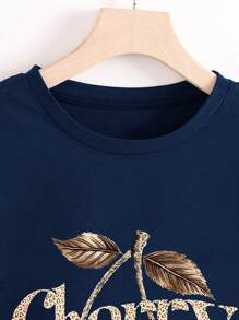 Women's Plus Size Leopard Print Cherry Pattern Round Neck Short Sleeve T-Shirt - Navy Blue - View 4