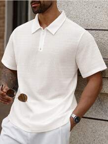 Manfinity Homme Plus Size Men's Solid Color Simple Short Sleeve Polo Shirt, Casual Everyday Wear - White - View 6