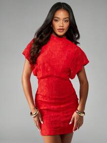 MISSGUIDED Elegant Lace Mini Dress Holiday Party Flutter Sleeve High Neck Special Occasion Wedding Guest Formal Ruched Fitted Evening Celebration Dress - Orange - View 3