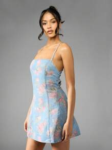 MISSGUIDED Floral Denim Mini Dress Lace Up Back Summer A-Line Cross Back Strappy Sundress Spring Garden Party Retro Y2K Fashion - Light Wash - View 6