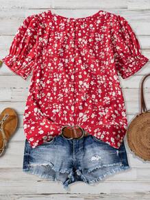 SHEIN LUNE Blusa casual de manga corta con cuello cuadrado y estampado floral todo sobre, uso diario bohemio/boho, estilo de vacaciones, playa, boda de invitados, verano, salida de verano, Día de la Madre, simple y de moda, blusa de trabajo para mujer, blusas sencillas, elegante para vacaciones, ir y venir, minimalista, elegante para fiestas personalizadas, elegante y de moda para ir a la oficina, para uso diario - Rojo - Ver 2