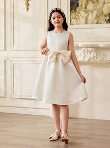 Váy nơ không tay màu mơ satin thanh lịch mùa hè cho bé gái tuổi teen - Màu be - Xem 5
