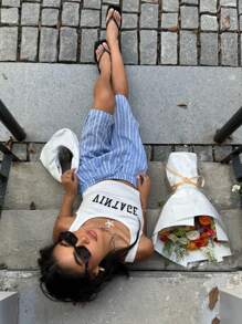 Muchica 夏季休闲度假蓝白条纹宽松百慕大短裤 - 藍白色 - 查看 6