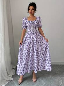 Rafferiza Women's Elegant Floral Print Square Neck A-Line Dress With Ruffled Trim & Sleeves, Short Style, Suitable For Spring, Summer, Autumn - Mauve Purple - View 4