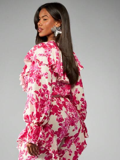 MISSGUIDED Long Sleeve Floral Print V Neck Bodysuit With Ruffle Detail ...