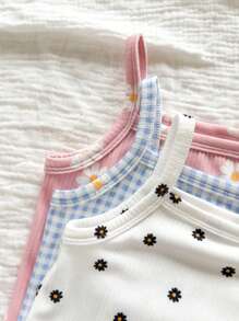 3pcs/Set Newborn Baby Girl Summer Cute Knitted Plaid & Floral Print Bodysuit Outfit - Multicolor - View 5
