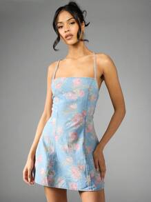 MISSGUIDED Floral Denim Mini Dress Lace Up Back Summer A-Line Cross Back Strappy Sundress Spring Garden Party Retro Y2K Fashion - Light Wash - View 1