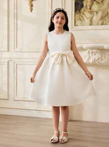 Váy nơ không tay màu mơ satin thanh lịch mùa hè cho bé gái tuổi teen - Màu be - Xem 2