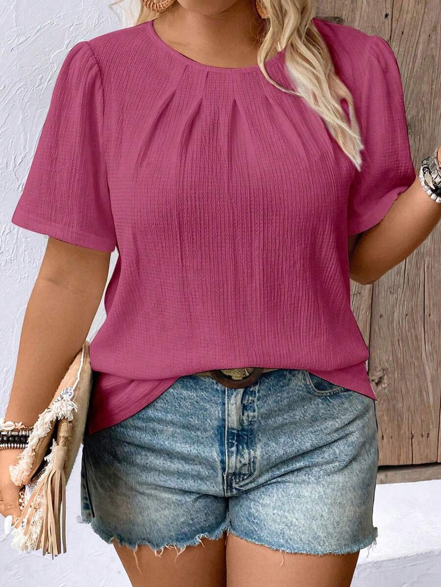 Linhara CURVE Plus Size Summer Casual Solid Color Round Neck Short Sleeve Shirt - Red - View 1