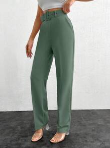 EURMUSE High-Waist Solid Color Casual Work Pants - Mint Green - View 4