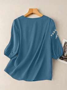 SHEIN LUNE 女式刺绣常规款休闲度假短袖衬衫 - 霧霾藍 - 查看 2