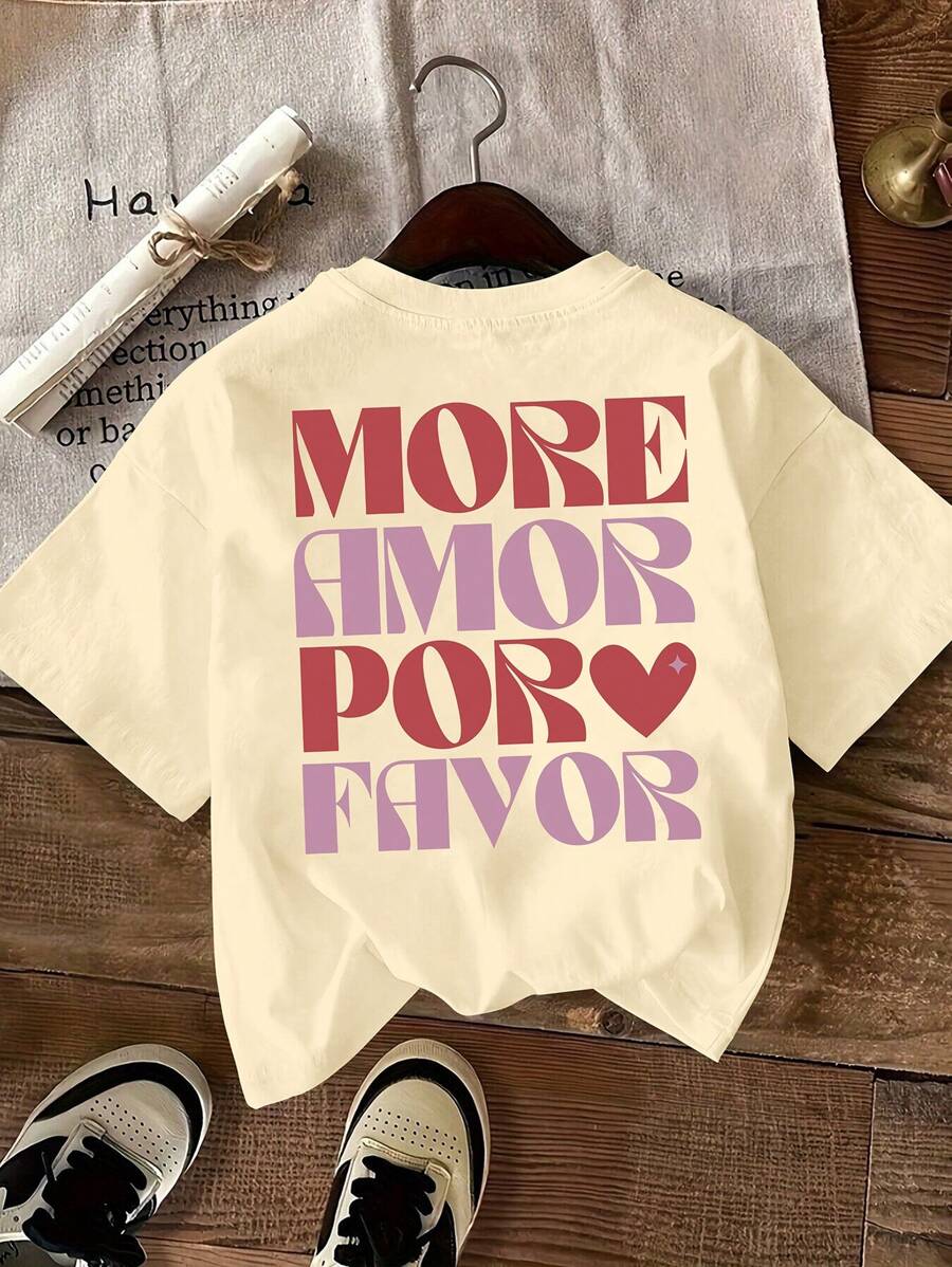 Women's Casual Letter Pattern Round Neck Short Sleeve T-Shirt, Summer - Khaki - View 1