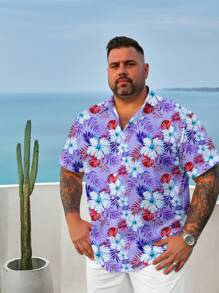 Manfinity RSRT Fashionable Casual Resort Style Full-Floral Print Men's Plus Size Slim Fit Point Collar Short Sleeve Button-Down Shirt, Suitable For Outdoor, Vacation, Date, Party, Makes A Great Gift For Boyfriend - Multicolor - View 3