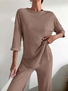 RueChic 100%Cotton Drop Shoulder Tee & Wide Leg Pants - Mocha Brown - View 3