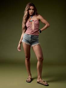 MISSGUIDED Ruched Keyhole Draped Body Contour Halter Top With Beaded Detail Summer Festival Party Club Top Cut Out Tank Cami - Brown - View 3