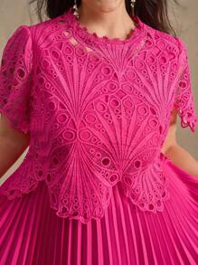 Chikora Plus Size Elegant And Romantic Lace And Pleated Maxi Dress, Fashionable For Summer - Hot Pink - View 6