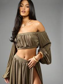MISSGUIDED Off Shoulder Long Sleeve Crop Top And High Split Maxi Skirt Set Festival Vacation Beach Evening Party Co Ord Set With Blouson Sleeves Christmas - Green - View 3