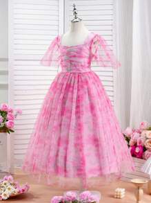 SHEIN Glamorique Kids 青少年女孩花卉印花优雅夏装，青少年甜美礼服 - 粉色 - 查看 4