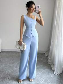 Elenzga 2pcs Spring/Summer Spaghetti Strap Button Sleeveless Vest And Straight Leg Button Pants Women Suit Set