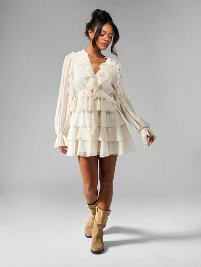 MISSGUIDED Elegant Chiffon Tiered Ruffle Flowy Mini DressMISSGUIDED