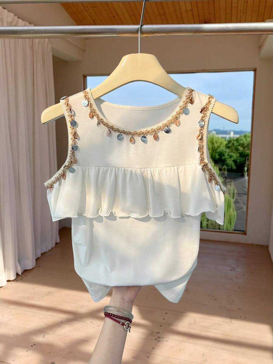 SHEIN Clasi Áo thun bó tay ngắn hở vai cổ chữ V họa tiết boho phong cách nghỉ dưỡng thường ngày cho nữ - trắng - Xem 1