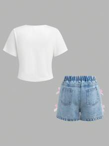 SHEIN Conjunto de 2 piezas para niñas preadolescentes, camiseta de manga corta blanca con decoración de lazo y pantalones cortos de mezclilla lavada, para uso casual y de viaje - Multicolor - Ver 2