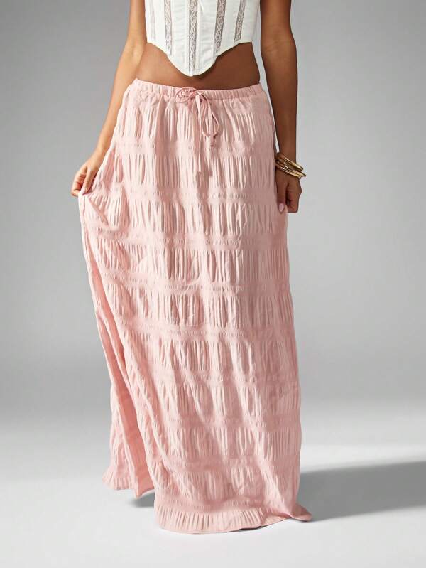 MISSGUIDED Bohemian Textured Crinkle Maxi Skirt Summer Beachwear Resort Wear Long Flowy Loungewear Drawstring Elastic Waist Travel Casual Party Holiday
