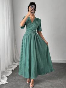 Modelyn 女式 V 领收腰短袖连衣裙，春夏 - 綠色 - 查看 6