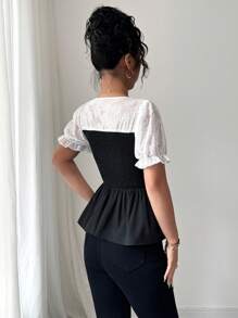 甜美女孩的复古迷人法式浪漫风格女士荷叶边上衣 - 黑色 - 查看 2