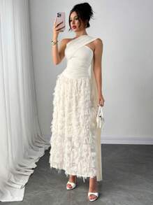 Airlisse Abito da donna elegante e fluido, con toppework arricciato, motivo floreale a strati, adatto per vacanze