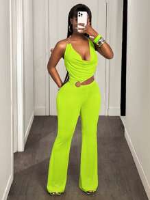 BamGleam Women Neon Green Metal Hoop Spaghetti Strap Cutout Jumpsuit - Green - View 5