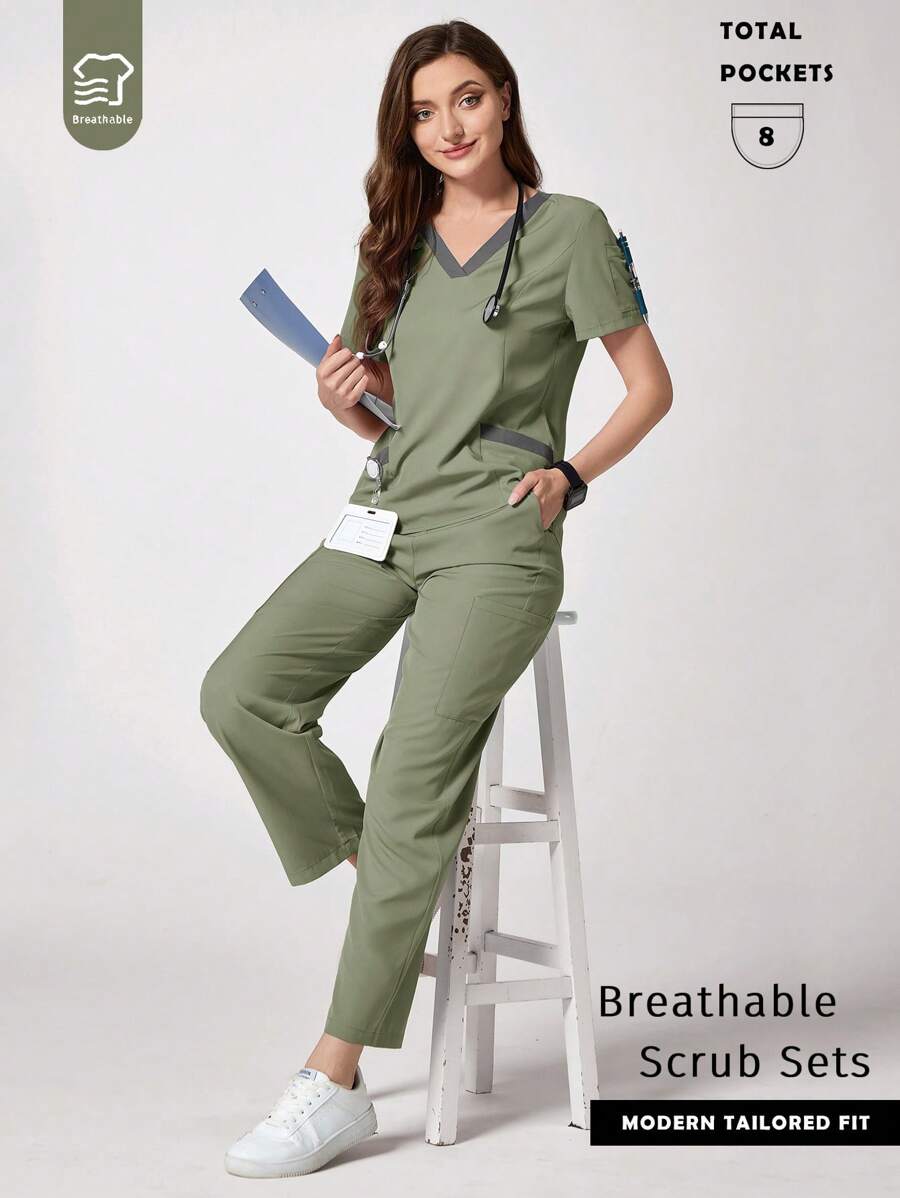 TaskEZ 手术服套装：纯色V领短袖T恤和裤子 - 橄欖綠 - 查看 1