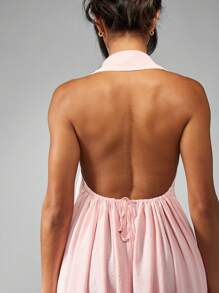 MISSGUIDED Summer Halter Neck Backless Swing Dress Linen Feel Textured Gathered Neckline Beach Resort Vacation Holiday Mini A Line Sundress With Pockets - Pink - View 6